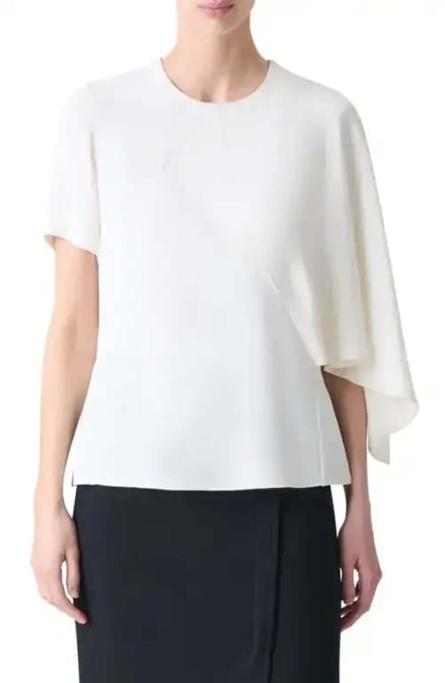 Akris 100% Silk Ecru Short-Sleeve Asymmetrical Cape-Style Blouse, size 12
